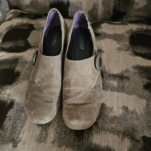 Vaneli Maxi Eprint Taupe Suede Slip-On Shoes with Button Detail